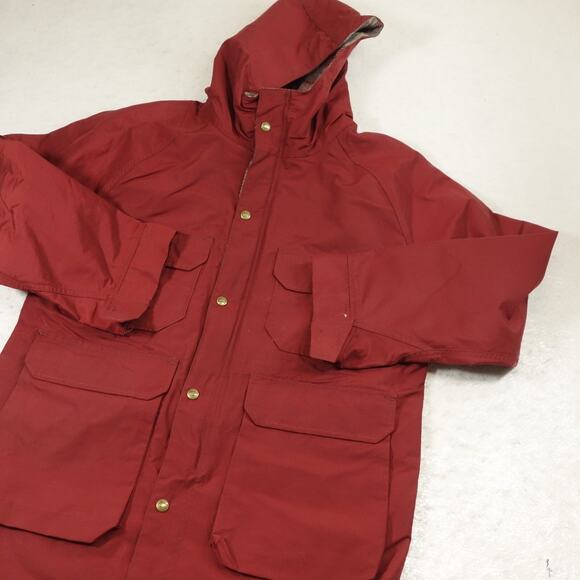 Vintage Woolrich Jacket Mens Medium Red Hooded Chore Coat USA 60s Fleece Lined